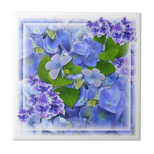 Blue Hydrangeas and Butterflies Tile Kakelplatta (Framsidan)