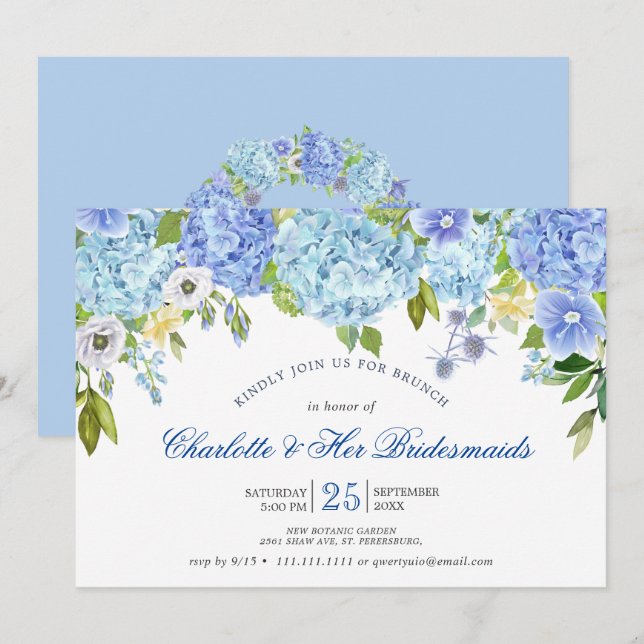 Blue Hydrangeas Blommigt Greenery Bridesmaids Brun Inbjudningar (Fram/baksida)
