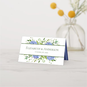 Blue Hydrangeas Blommigt Vattenfärgen Bröllop Placeringskort