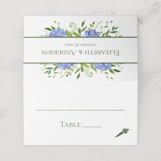Blue Hydrangeas Bröllop Placeringskort (Utvändigt utvikt)