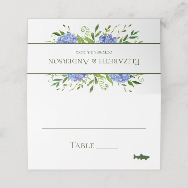 Blue Hydrangeas Bröllop Placeringskort (Utvändigt utvikt)