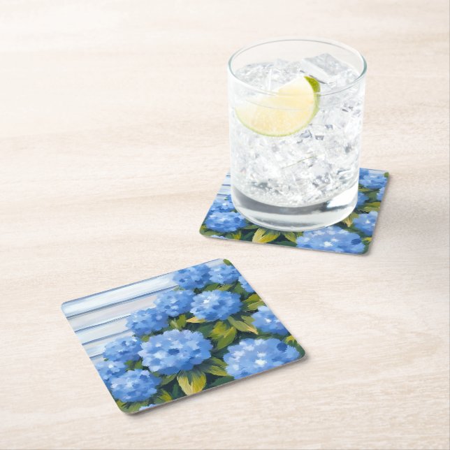 Blue Hydrangeas Bushes Floral Painting Underlägg Papper Kvadrat (Insitu)