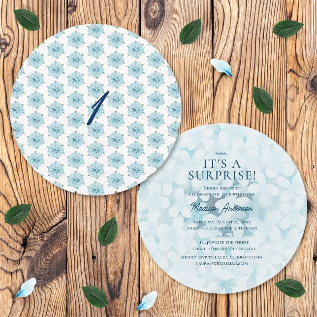 Blue Hydrangeas First 1st Surprise Födelsedagsfest Inbjudningar (Front and Back)