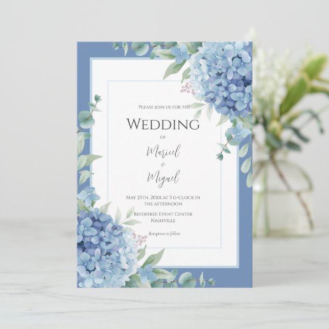 Blue Hydrangeas Floral Photo Elegant Wedding Inbjudningar (Stående Fram)