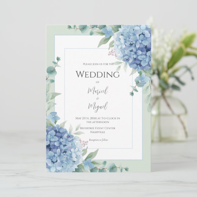 Blue Hydrangeas Floral Photo Elegant Wedding Inbjudningar (Stående Fram)