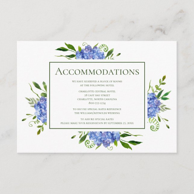 Blue Hydrangeas Floral Wedding Accomododations Tilläggskort (Framsida)