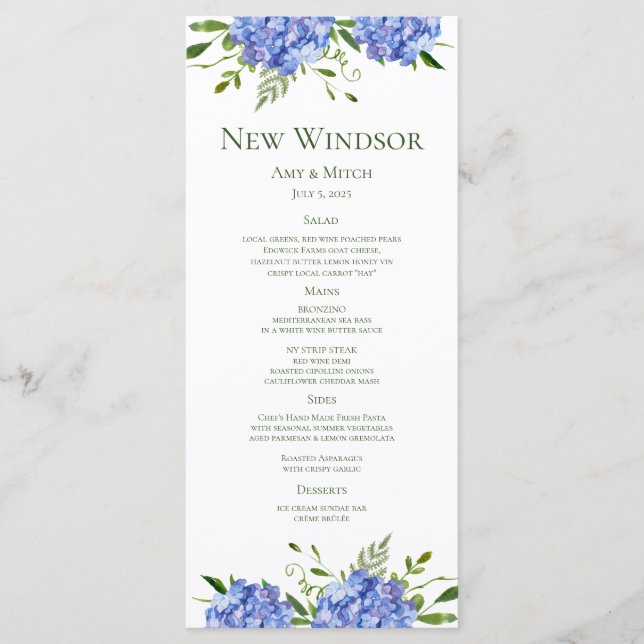 Blue Hydrangeas Förlovningsfest Meny (Framsida)