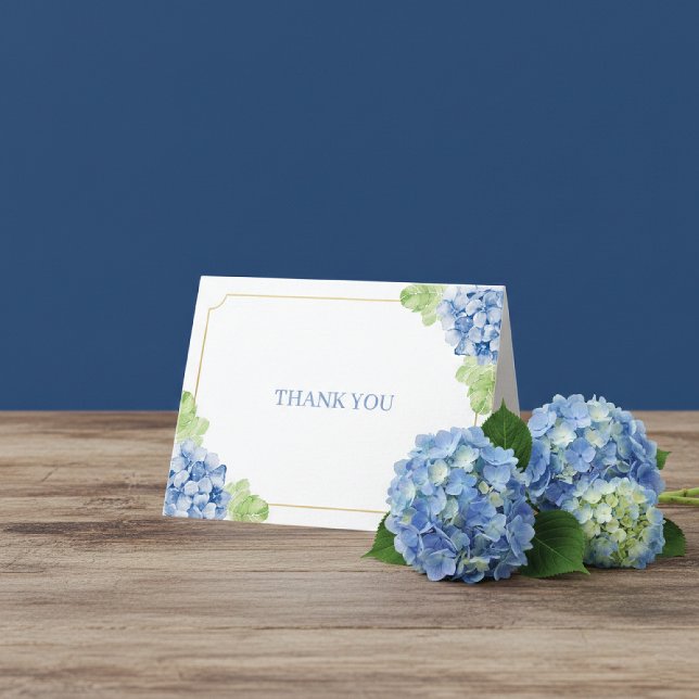 Blue Hydrangeas Gold Frame Wedding Tack Kort (Skapare uppladdad)