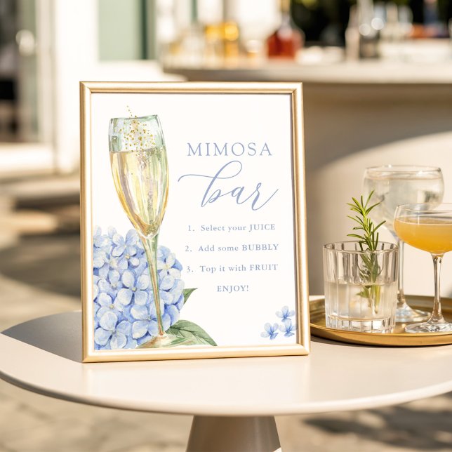 Blue Hydrangeas & Gold Glass Mimosa Bar Poster (Skapare uppladdad)