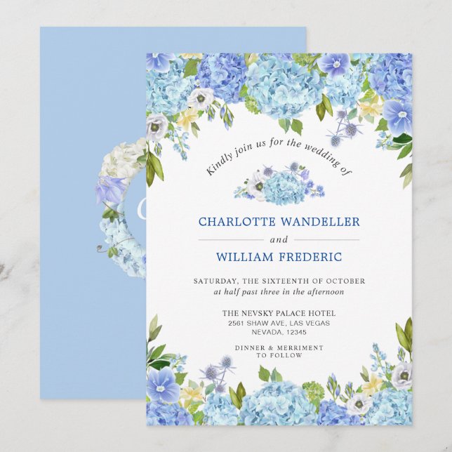 Blue Hydrangeas Greenery Watercolor Bröllop Inbjudningar (Fram/baksida)