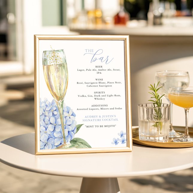 Blue Hydrangeas & Guld Glass Pub Menu Poster (Skapare uppladdad)