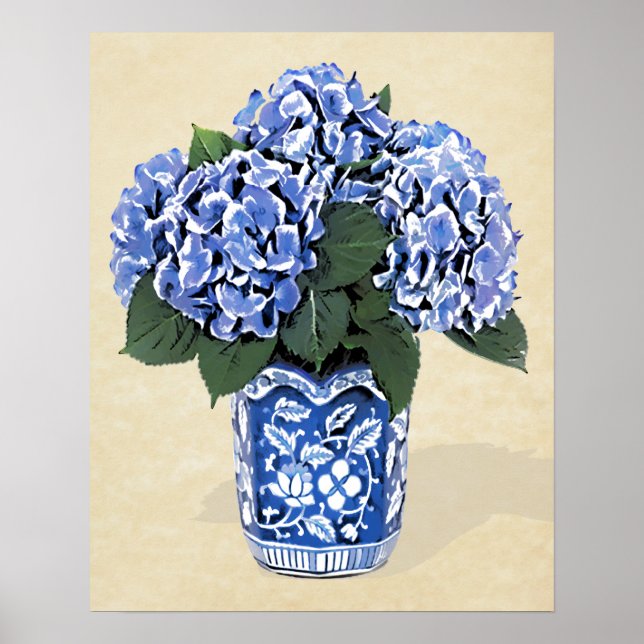 Blue Hydrangeas in Blue Pot on Parchment Papper Poster (Framsidan)