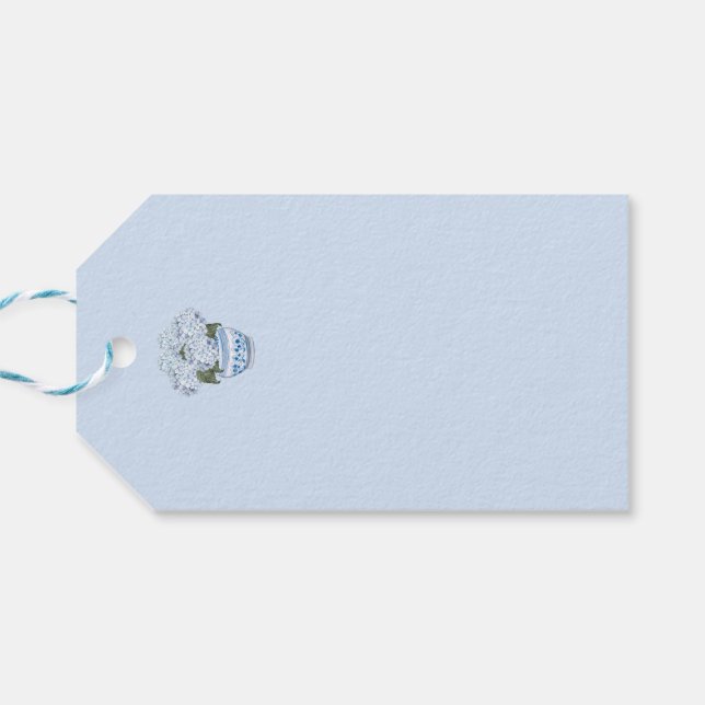 Blue Hydrangeas in Chinoiserie Pot Presentetikett (Baksidan Horisontell)