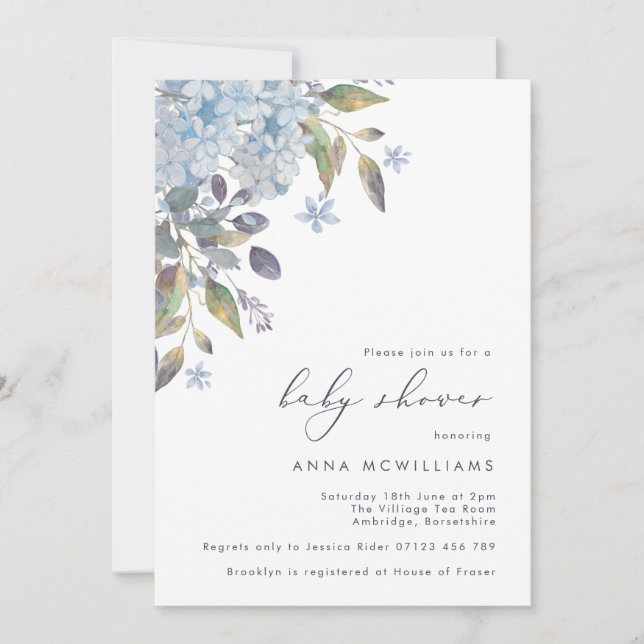 Blue Hydrangeas och Calligraphy Baby Shower Inbjudningar (Framsida)