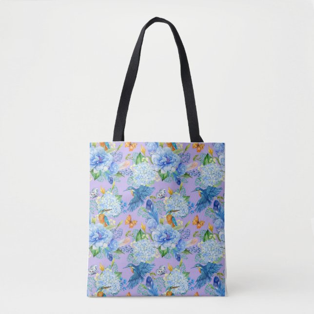 Blue Hydrangeas och Hummingbird Tote Bag Tygkasse (Framsida)