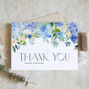 Blue Hydrangeas och Ivory Ro Bröllop Tack Kort
