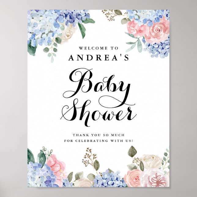 Blue Hydrangeas och Rosa ros Baby Shower Välkommen Poster (Framsidan)