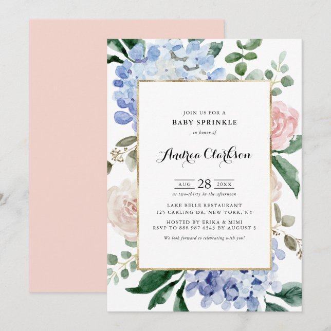 Blue Hydrangeas och Rosa ros Baby Sprinkle Inbjudningar (Fram/baksida)