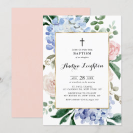 Blue Hydrangeas och Rosa ros Baptism Inbjudningar