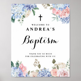 Blue Hydrangeas och Rosa ros Baptism Välkommen Poster