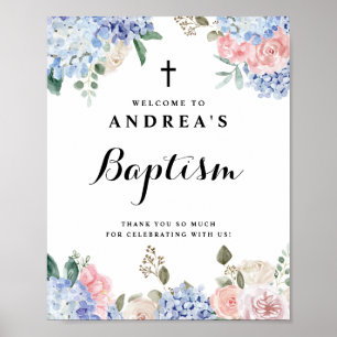 Blue Hydrangeas och Rosa ros Baptism Välkommen Poster