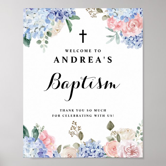 Blue Hydrangeas och Rosa ros Baptism Välkommen Poster (Framsidan)
