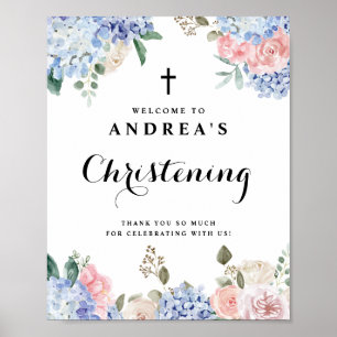 Blue Hydrangeas och Rosa ros Christening Welcome Poster