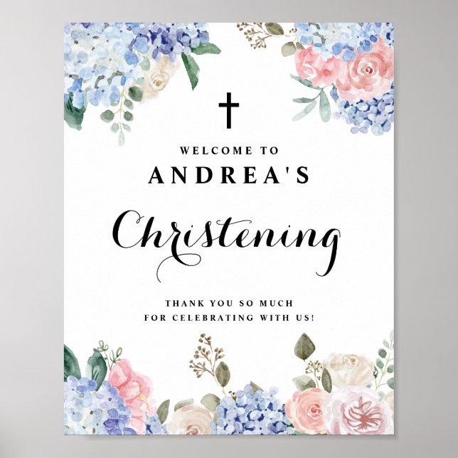 Blue Hydrangeas och Rosa ros Christening Welcome Poster (Framsidan)