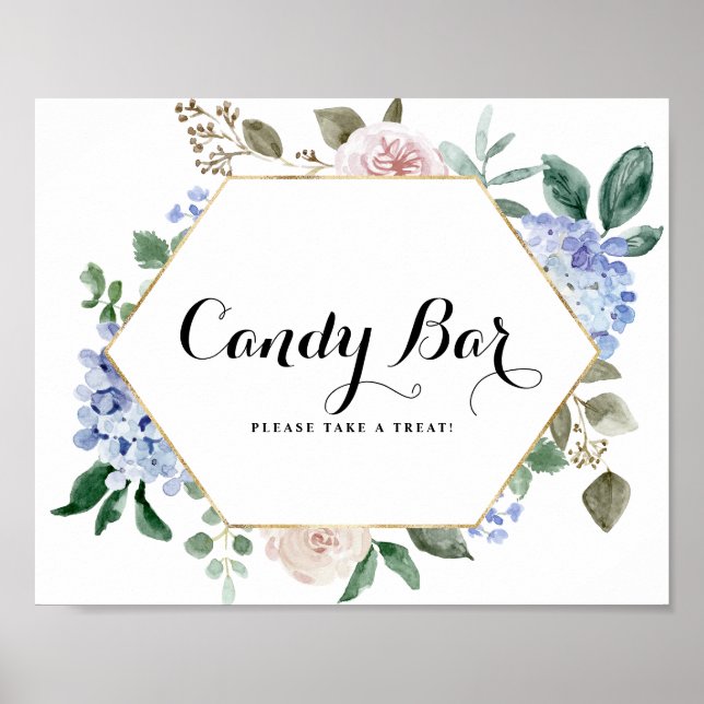Blue Hydrangeas och Rosa ros Guld Candy Pub Poster (Framsidan)