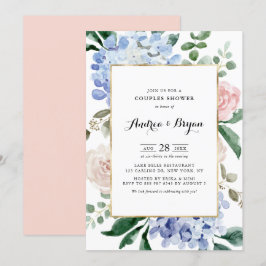 Blue Hydrangeas och Rosa ros Par Shower Inbjudningar