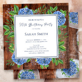Blue Hydrangeas Rustic Wood 90:e Födelsedagsfest Inbjudningar