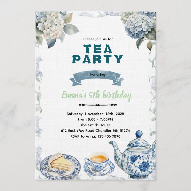 Blue Hydrangeas tea party Invitation Inbjudningar (Framsida)