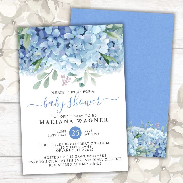Blue Hydrangeas Watercolor Blommigt Boy Shower Inbjudningar (Skapare uppladdad)