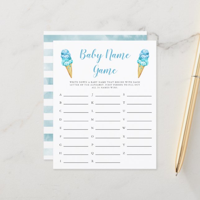 Blue Ice Cream Baby Namn Shower Game (Fram/Back In Situ)