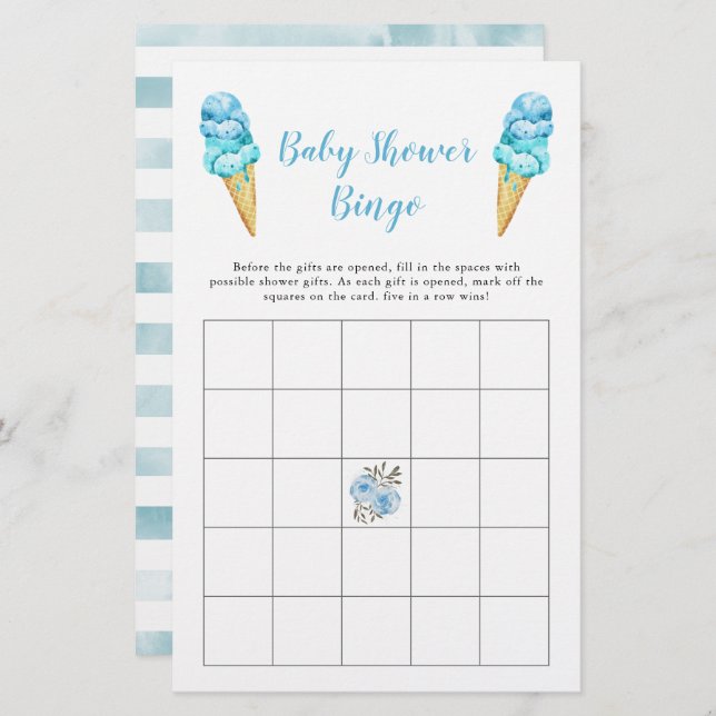 Blue Ice Cream Baby Shower Bingo Game (Fram/baksida)
