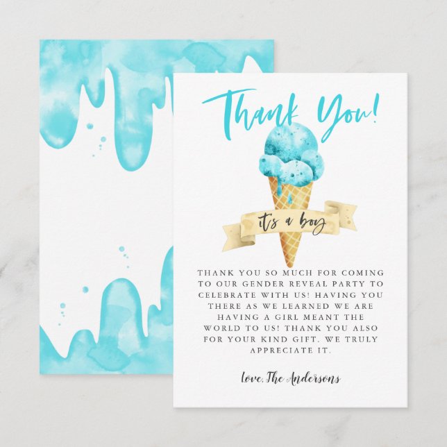 Blue Ice Cream Boy Gender Reveal Party Tack Kort (Fram/baksida)