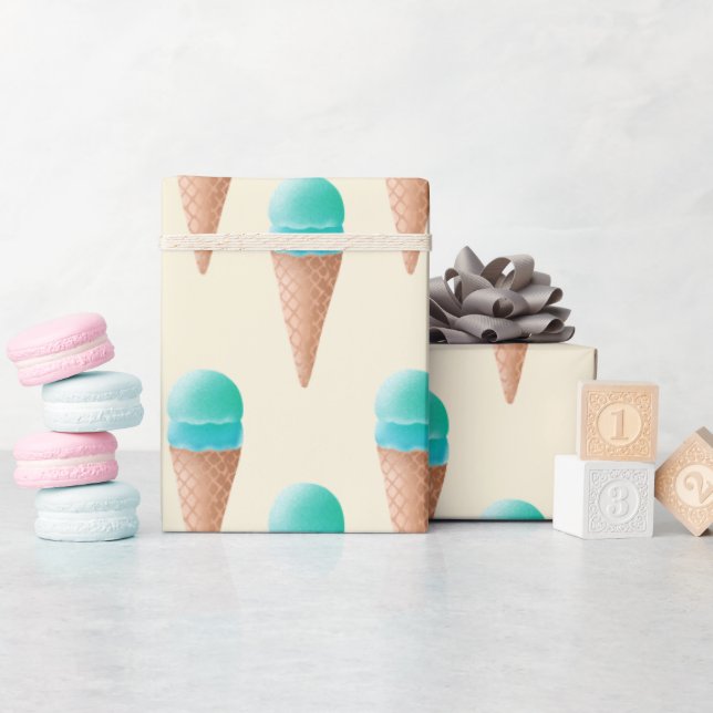 Blue Ice Cream Cone Mönster, Light Gult Presentpapper (Baby Shower)