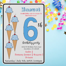 Blue Ice Cream Cones 6e Födelsedagsfest Kids Inbjudningar