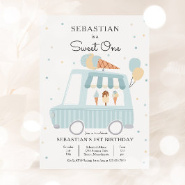 Blue Ice Cream Lastbil Sweet One 1st Birthday Part Inbjudningar