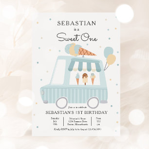 Blue Ice Cream Lastbil Sweet One 1st Birthday Part Inbjudningar
