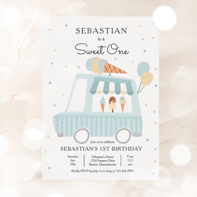 Blue Ice Cream Lastbil Sweet One 1st Birthday Part Inbjudningar (Skapare uppladdad)