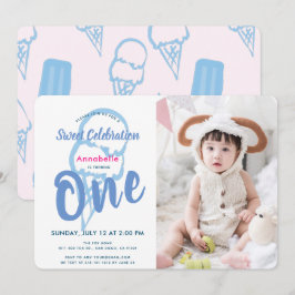 Blue Ice Cream PhotoGirl 1:a födelsedagen Inbjudningar