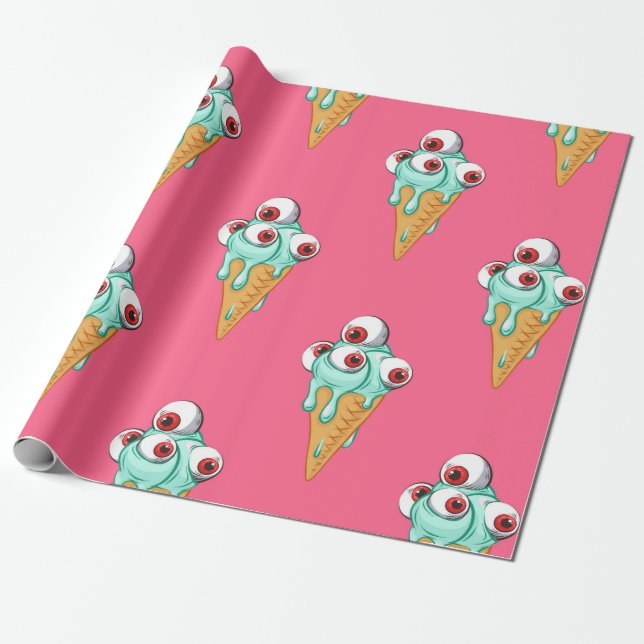 Blue ice cream with eyes. Pink background. Seamles Presentpapper (Utrullad)