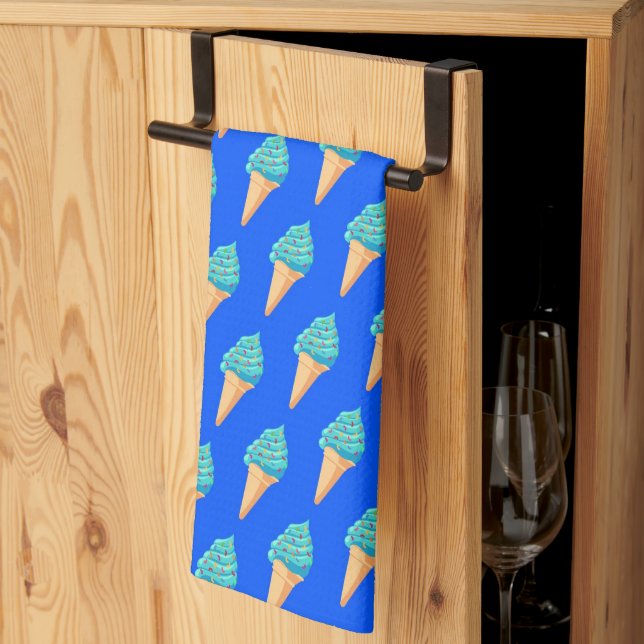 Blue Ice Creams Pattern on Blue Kökshandduk (Thirds Fold)