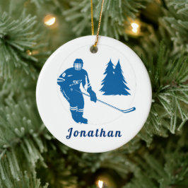 Blue Ice Hockey Player Custom Name Winter Sport Julgransprydnad Keramik