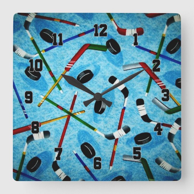 Blue Ice Hockey Theme Fyrkantig Klocka (Framsida)