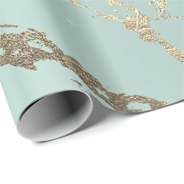 Blue Ice Pastel Guld Marble Shiny Abstrakt Presentpapper (Rullad Hörn)