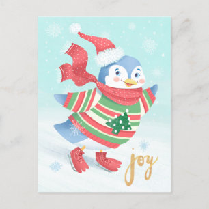 Blue Ice Skating Penguin Vykort