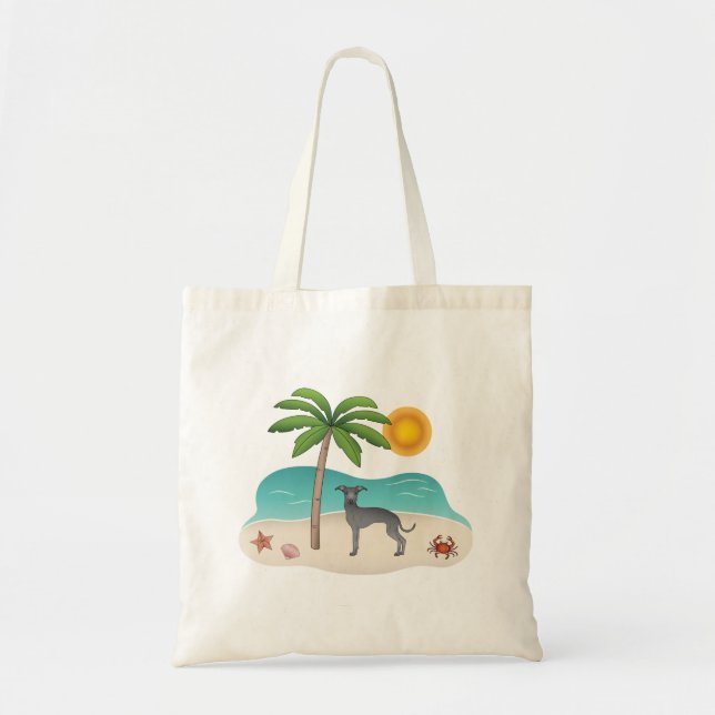 Blue Iggy Hund vid Tropical Summer Beach Tygkasse (Framsidan)