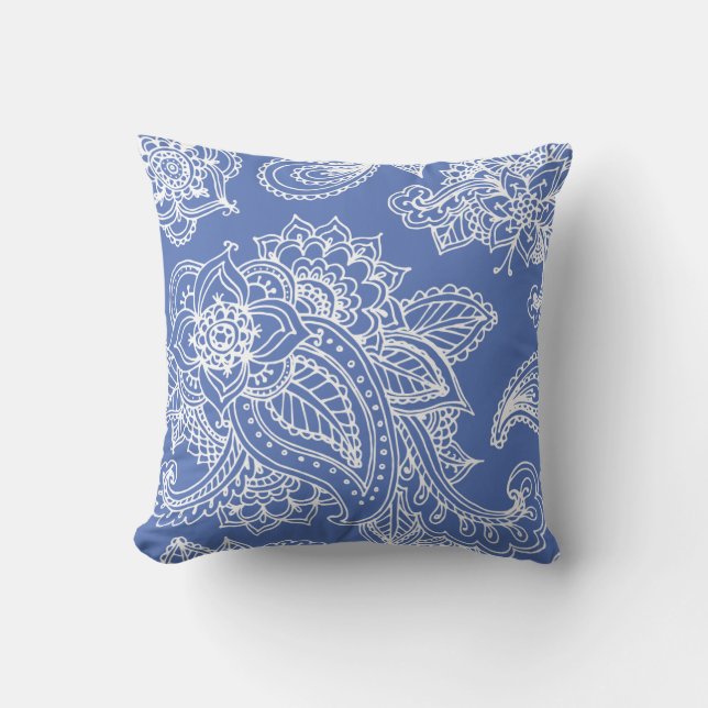 Blue Illustrated Bohemian Paisley Henna Kudde (Framsida)